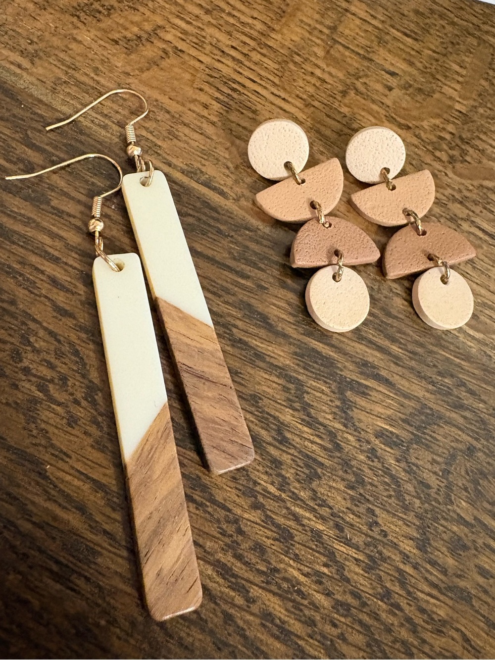 Boho Earring Bundle | Geometric Clay & Wood Resin Dangles (2 Pairs)
